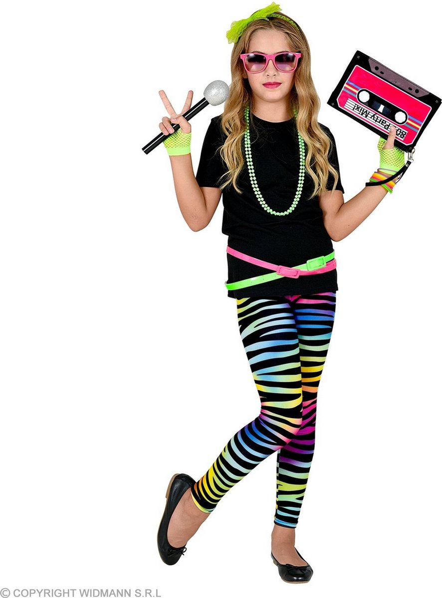 Jaren 80 & 90 Kostuum | 80s Legging Melanie Neon Meerkleurig Meisje | Maat 140 | Carnaval kostuum | Verkleedkleding